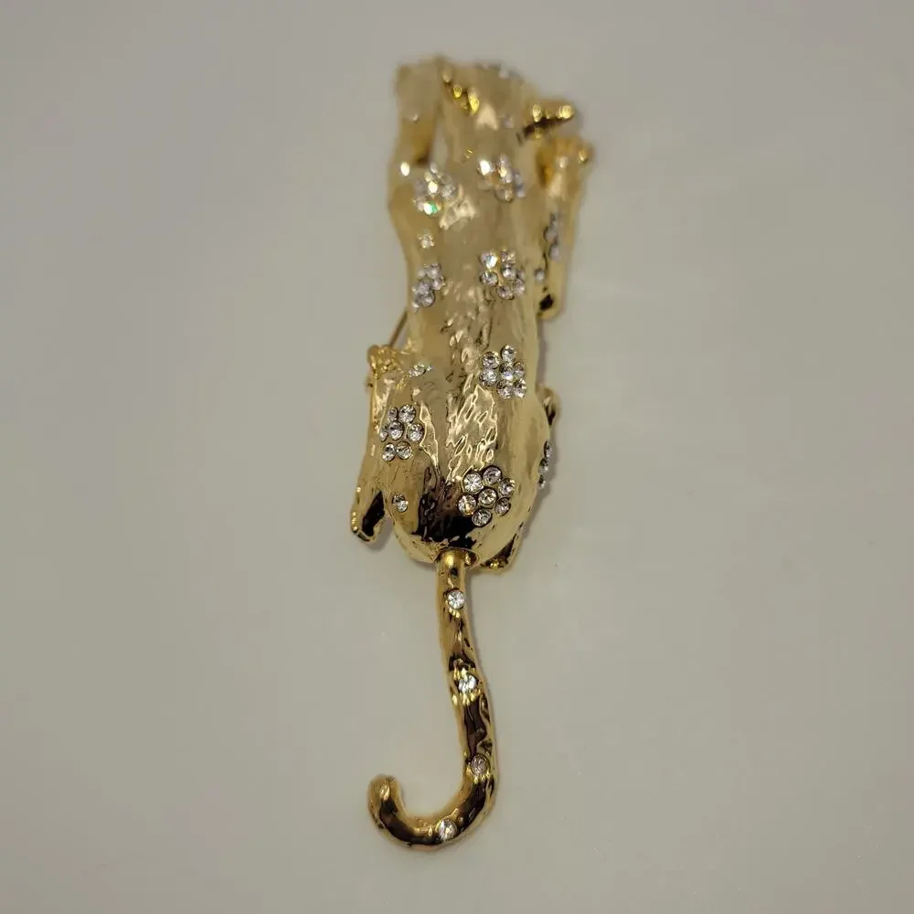 Vintage Gold-Tone Panther Brooch Green Rhinestone Eyes & Clear Rhinestones